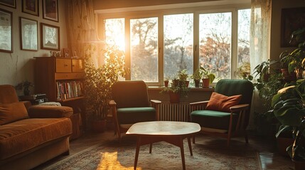 Cozy living room with armchairs and a wooden table, inviting relaxation and comfort in a homely space.