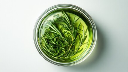 Obraz premium Rosemary infused oil in glass bowl, white background, cooking ingredient