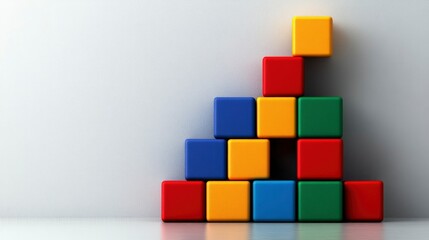 Obraz premium Colorful Building Blocks Stacked Against a White Wall - Concept of Growth, Strategy, and Teamwork