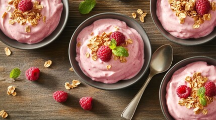 Raspberry yogurt parfaits, granola, wood table, overhead