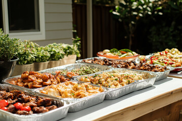 Outdoor barbecue potluck with assorted grilled meats and side dishes