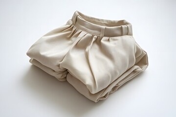 Folded Beige Trousers on White Surface Showing Texture and Design in a Minimalist Style