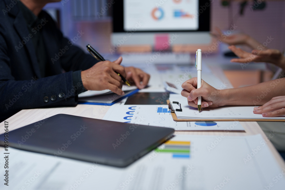 Poster business team working with financial data analyzing charts and graphs taking notes using laptop and 