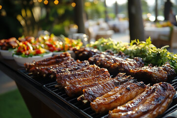 Outdoor barbecue catering with grilled ribs, fresh salads, and herbs