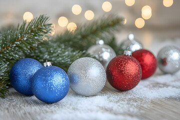 Fototapeta premium Sparkling Christmas Ornaments with Pine Branch and Festive Lights