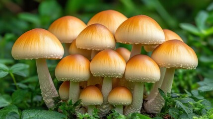 Fototapeta premium Cluster of small mushrooms growing in grass