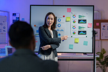 Professional woman presenting data analysis on a whiteboard to colleagues in a modern office setting. Charts and graphs illustrate financial trends and business strategies