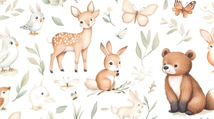 Obraz premium Watercolor woodland animals with foliage creates a seamless pattern