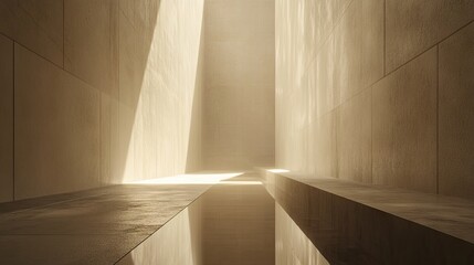 Obraz premium A minimalist home with Dust Sunlight exterior walls and a peaceful, nature-inspired setting.