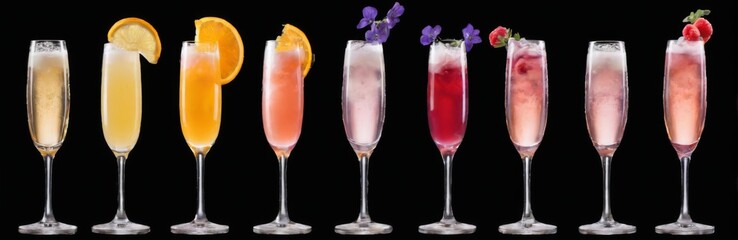 Diverse arrangement of six elegant champagne flutes filled with various drinks, displayed in a sleek formation.