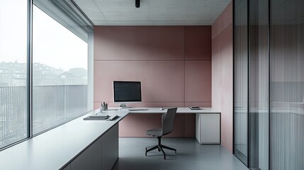 Fototapeta premium A minimalist pink workspace with a two-tone pink feature wall and a sleek white desk.