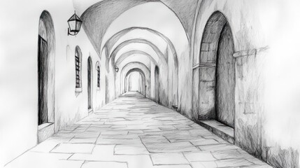 Obraz premium Pencil sketch arched alleyway, Mediterranean town, sunlight, cobblestones, travel