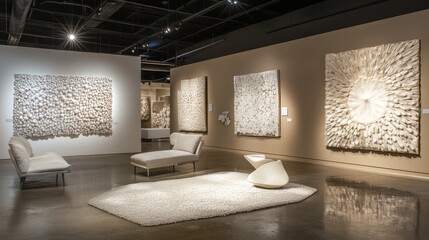 Fototapeta premium A modern art gallery with Dust Sunlight walls and abstract, neutral-colored paintings.