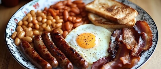 Hearty Breakfast Plate with Egg Bacon Sausage Beans and Toast for a Delicious Start