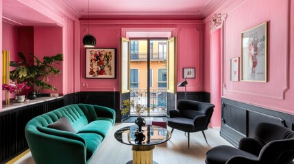 A modern boutique hotel room with pink walls, black furniture, and luxurious decor.