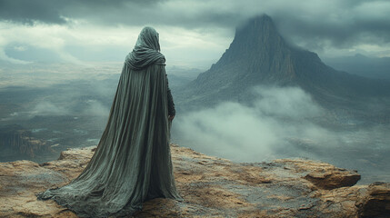 A powerful and mysterious woman warrior knight in an assassin robe stands in the mountains, symbolizing strength, courage, and resilience amidst the chaos of battle and nature's vastness