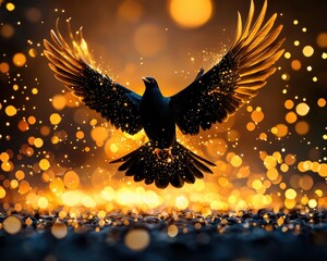 Fototapeta premium Phoenix silhouette with glowing feathers rising from golden flames