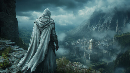 A powerful and mysterious woman warrior knight in an assassin robe stands in the mountains, symbolizing strength, courage, and resilience amidst the chaos of battle and nature's vastness