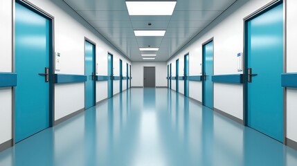 Clean and Bright Hospital Corridor with Blue Doors and Floors