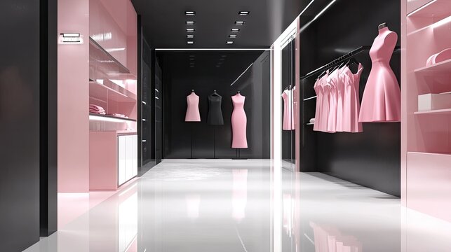A modern fashion boutique with pink mannequins, black walls, and stylish decor.