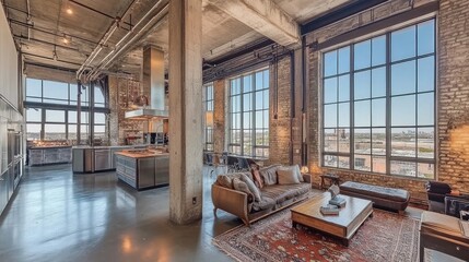 A modern industrial-style loft with Granite Sand walls and metal-framed windows.