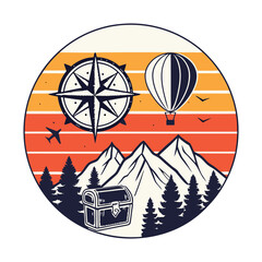 Adventure mountains balloon flying pines trees graphic t-shirt elements design