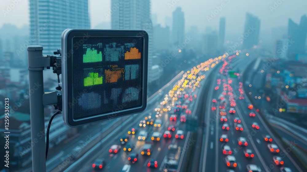 Poster an air quality monitor displaying dangerous pm2.5 levels in a busy city.