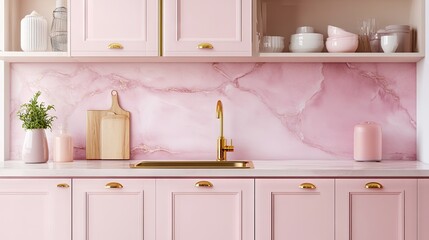 A modern kitchen with pink cabinets, a rose-colored backsplash, and gold accents.