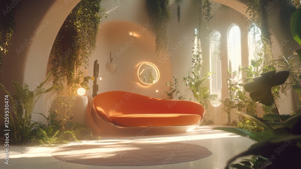 Poster a minimalistic and artistic home setting with a bright orange sofa as the centerpiece, complemented 