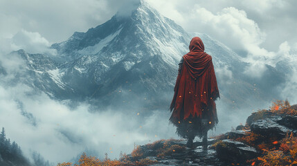 A powerful and mysterious woman warrior knight in an assassin robe stands in the mountains, symbolizing strength, courage, and resilience amidst the chaos of battle and nature's vastness