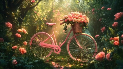 Fototapeta premium Pink Bicycle in a Rose Garden: A Dreamlike Scene