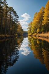 Obraz premium trees are reflected in the water of a river in the fall