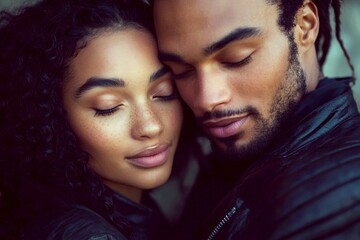 Commercial ad campaign visual idea graphic visual design. Sign of love and affection. Valentine's day, affectionate couple: remarkable dazzling, image of loving interracial adult lovers.