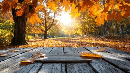 Autumnal Serenity: Golden Leaves and Wooden Pathway