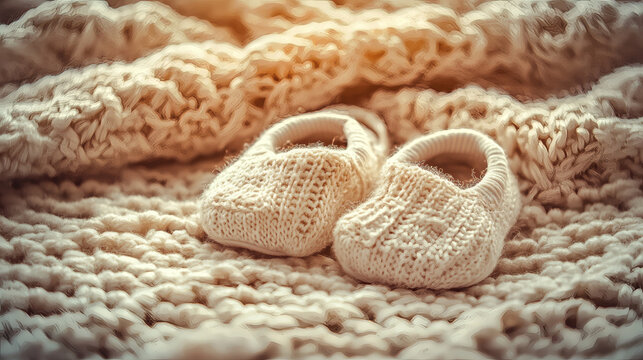 Tiny handmade knitted baby booties on soft cozy wool blanket with delicate stitching pattern showcase newborn footwear accessories