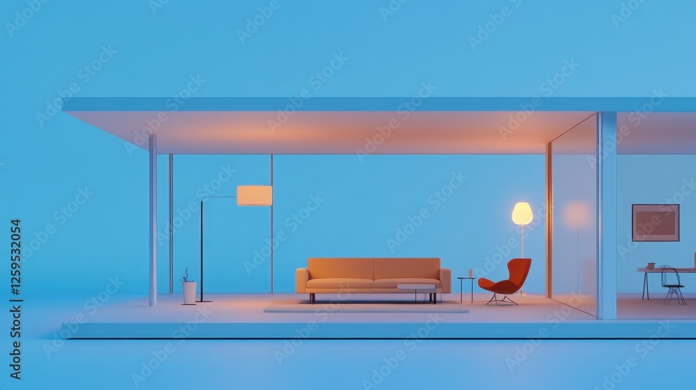 Poster a modern home prototype with an open-concept design, sharp architectural lines, and a striking blue 