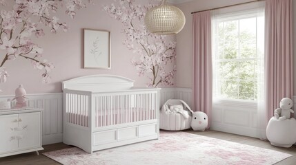 A nursery with pastel pink walls, white crib, and delicate pink floral decorations.