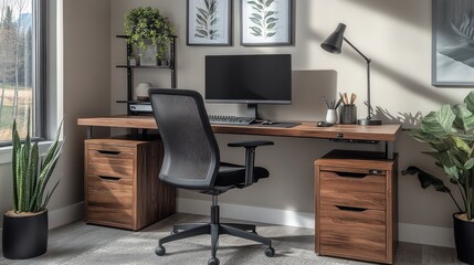 Modern home office workspace near window, sunlit