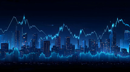 Naklejka premium Night city, stock market graph, financial crisis