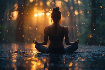 Woman meditating forest sunset rain