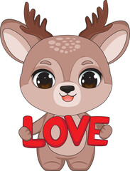 Valentine Cartoon Deer Holding Love Text Vector