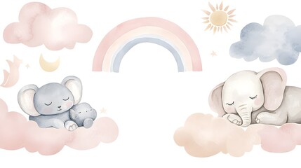 Watercolor depiction showcases sleeping elephants clouds rainbow sun and moon
