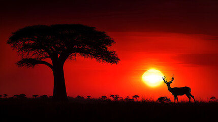 African Deer Silhouette at Sunset – Wildlife Vector Illustration۔ Generative Ai