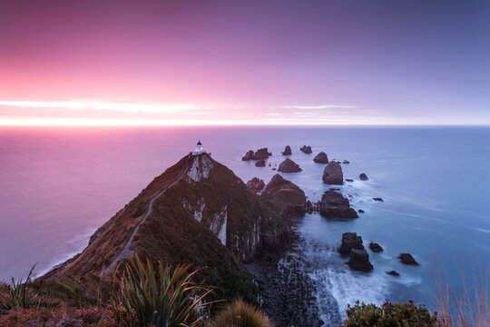 Nugget point lighthouse on a rocky cliff and ocean at dawn, Otago, New Zealand
