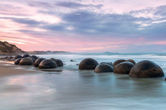 Moeraki boulders at sunset, Otago peninsula, New Zealand