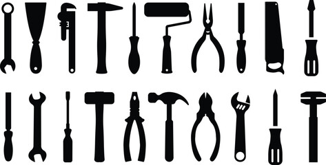 Tool repair and service icon set. Hammer Working Engineering tools in flat icon. Instrument Construction wrench and screwdriver. vector for apps, web isolated on transparent background.