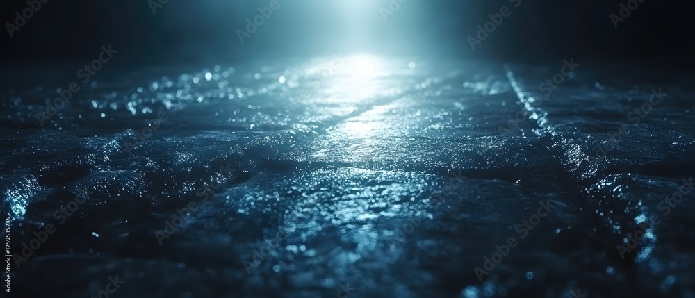 Poster moody pavement reflecting a distant light source creating a dramatic and atmospheric scene
