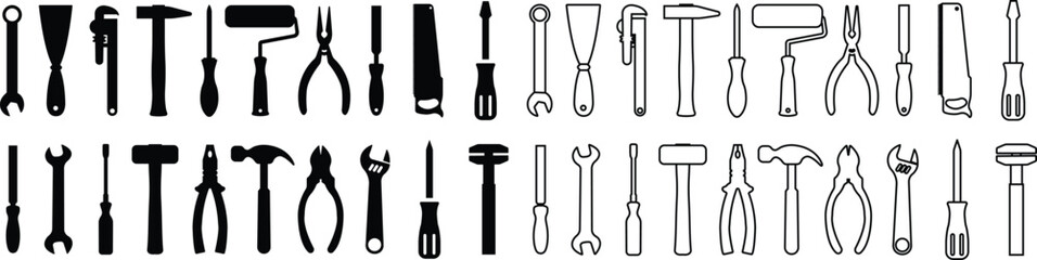 Tool repair and service icon set. Hammer Working Engineering tools in flat, line icon. Instrument Construction wrench and screwdriver. vector for apps, web isolated on transparent background.