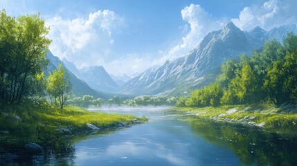 Serene mountain river valley, misty dawn, scenic landscape, travel poster