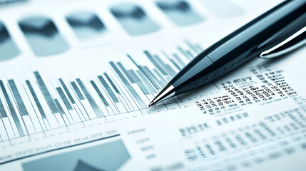 Financial Data Analysis with Pen on Report, Business Analytics and Market Research Concept, Close-up of Financial Graphs and Statistics
